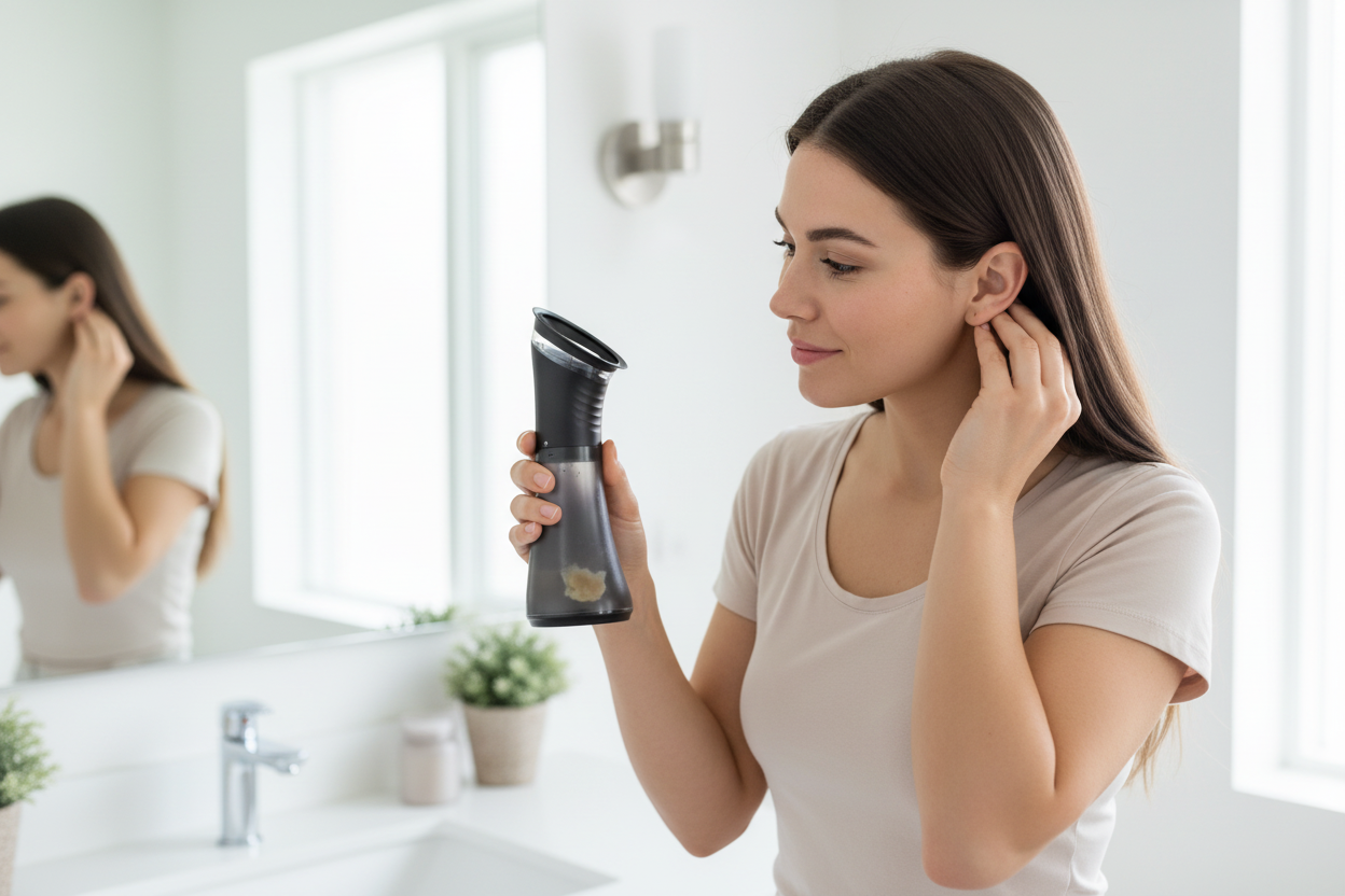 Woman using ear cleaner in bathroom with minimal buildup